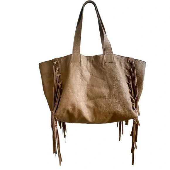 Camel Brown Fringe Leather Tote Bag Oversized Slouchy Boho Hobo Neutral - Picture 3 of 17